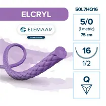 Elemaar ELCRYL 5/0 - шовный материал, 75 см, 1/2, 16 мм, обратно-режущая, 12 шт.